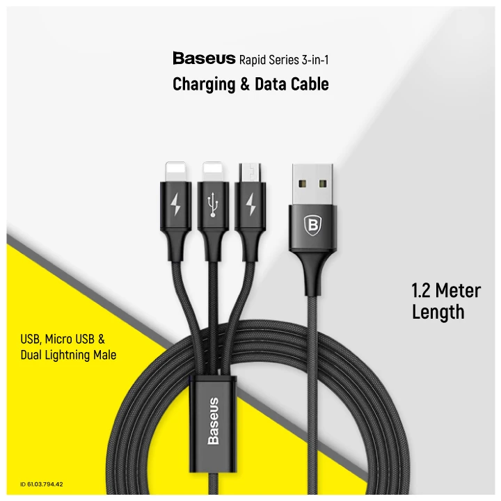 Baseus CAMLL-SU01 Rapid Series 3-in-1 USB Male to Micro USB & Dual Lightning, 1.2 Meter, Charging & Data Cable #CAMLL-SU01