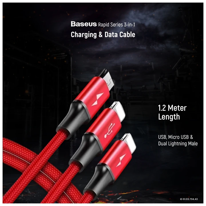 Baseus CAMLL-SU09 Rapid Series 3-in-1 USB Male to Micro USB & Dual Lightning, 1.2 Meter, Charging & Data Cable #CAMLL-SU09
