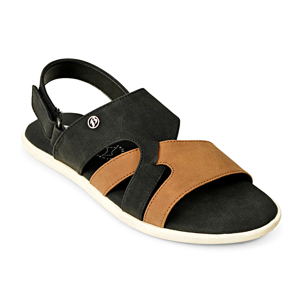 Bata Divider Junior 4616951 black and tan sandal, angled view showing crossing straps and open toe