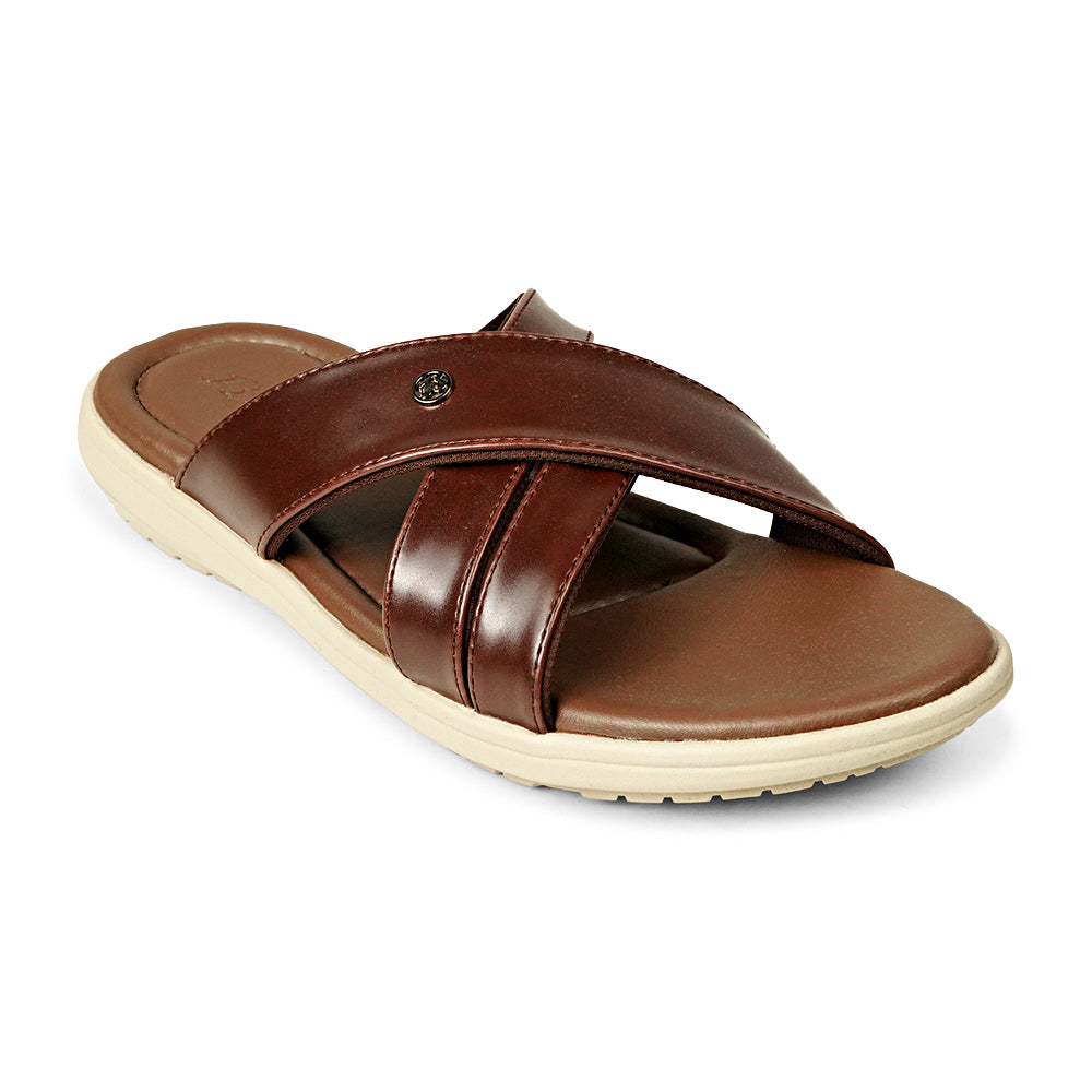 Bata Beta 8714925 brown sandal, angled view showing metal emblem