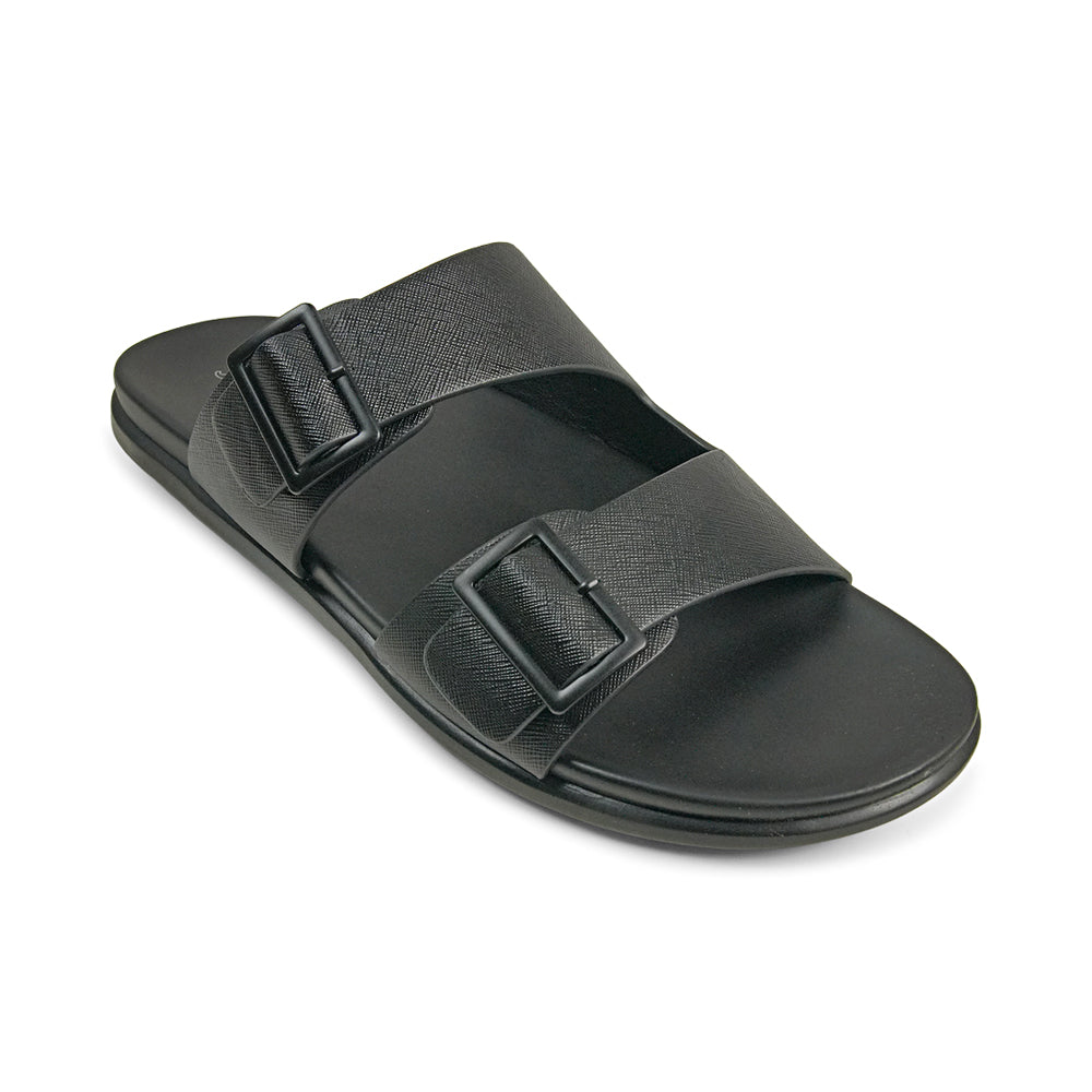 Bata Domino 8716867 black sandal, angled view showing two front straps and buckle detail