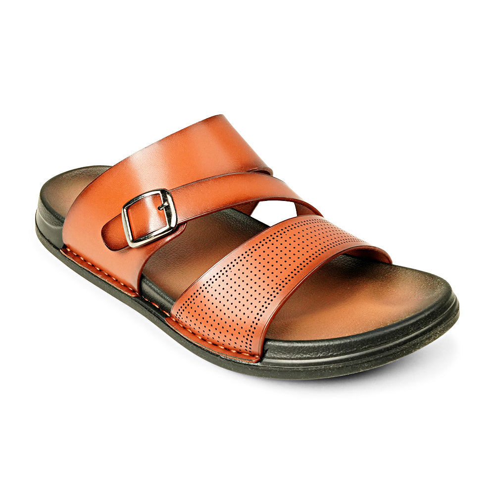 Bata Leeds 8713853 tan sandal, angled view showing buckle detail