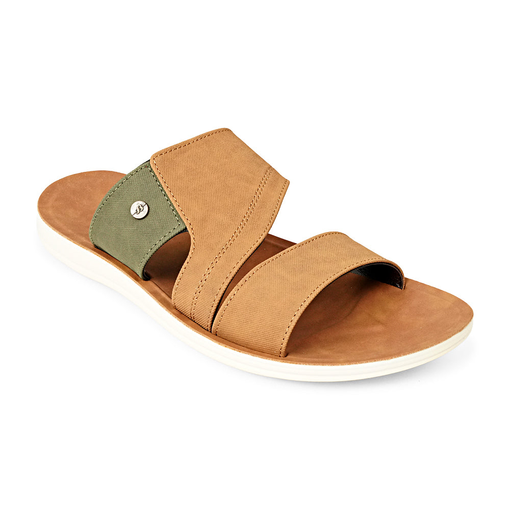 Bata Shadow 8713939 tan sandal, angled view showing contrasting panel
