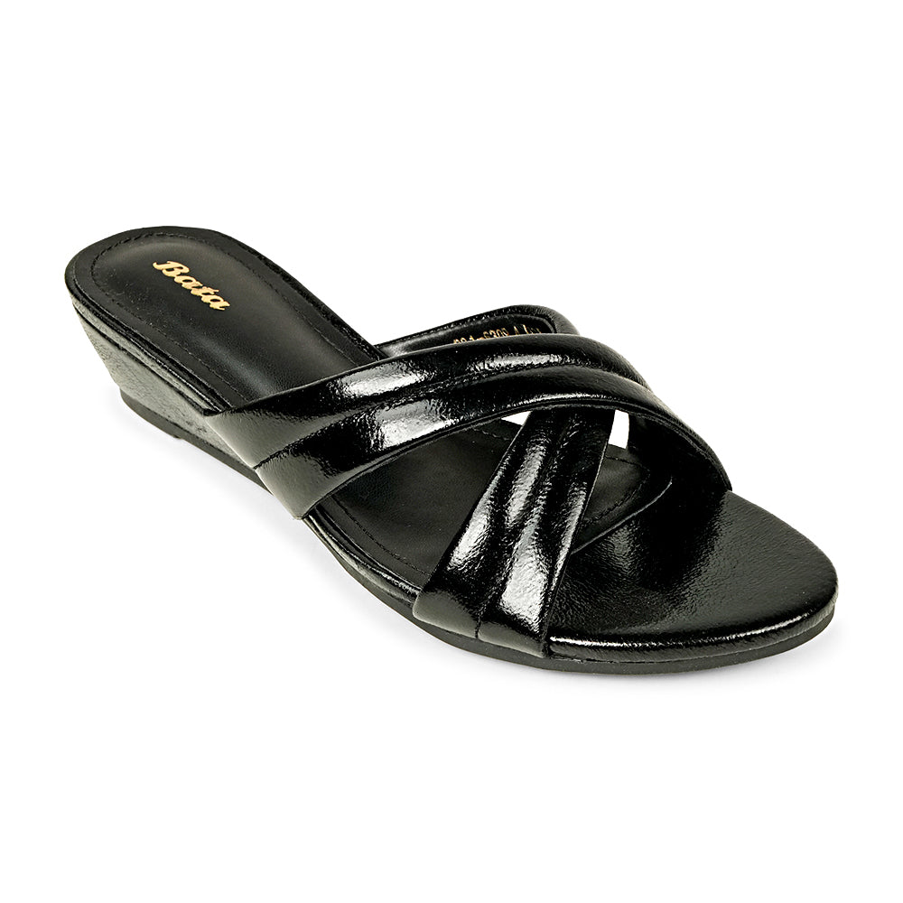 Bata Dema 6316309 black sandal, angled view of glossy criss-cross upper