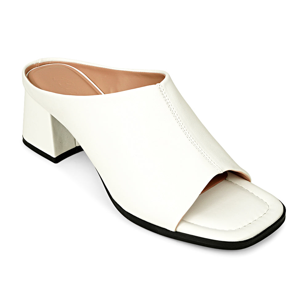Bata Janette 6311331 white mule sandal, angled view showing broad upper and square toe