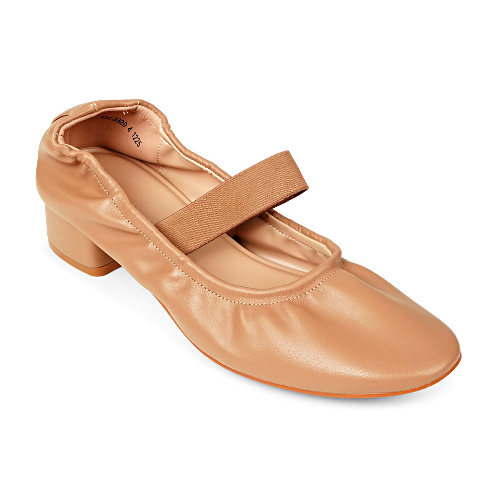 Bata Miami 6313320 tan pump, angled view showing gathered upper and elastic instep strap