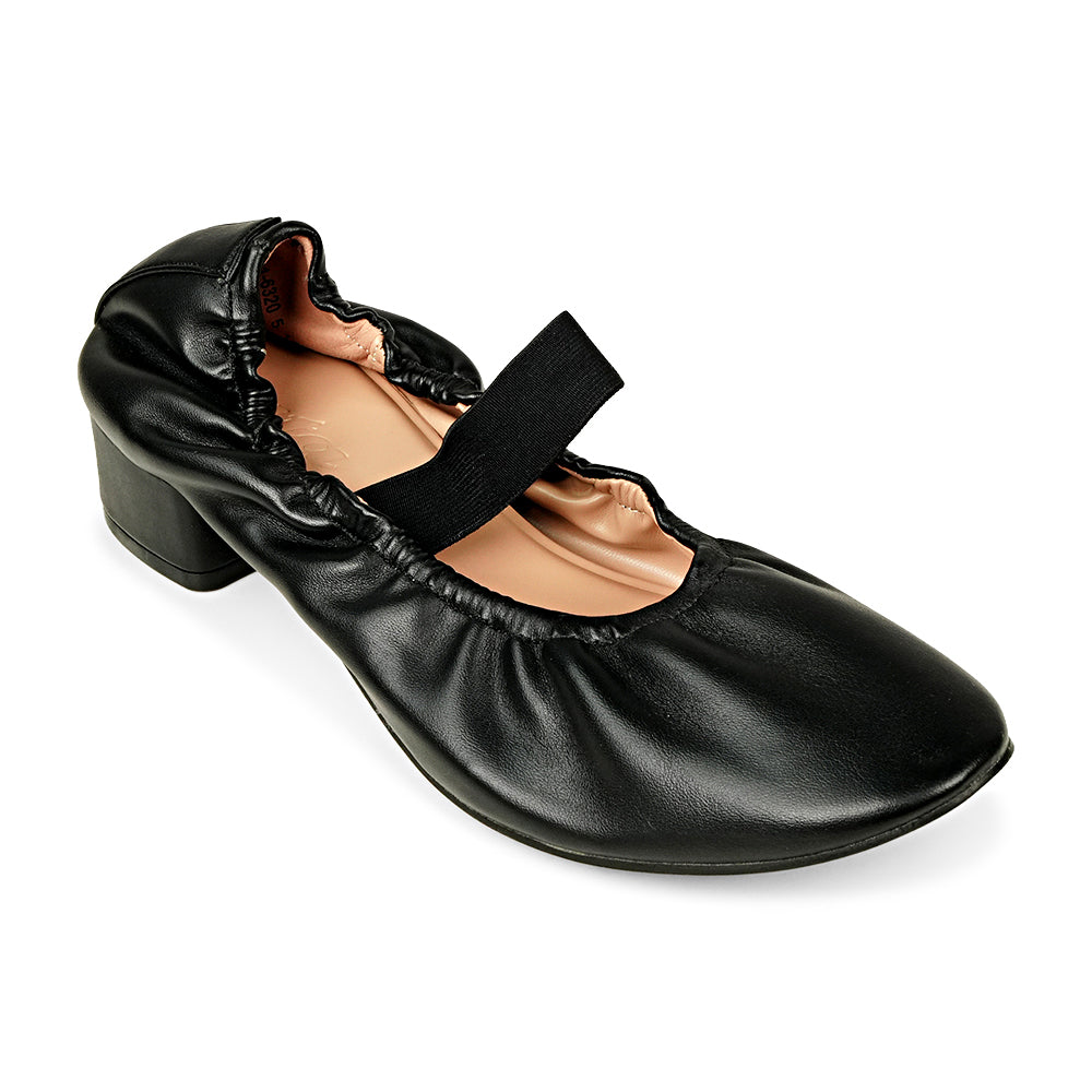 Bata Miami 6316320 black pump, angled view showing gathered upper and elastic instep strap