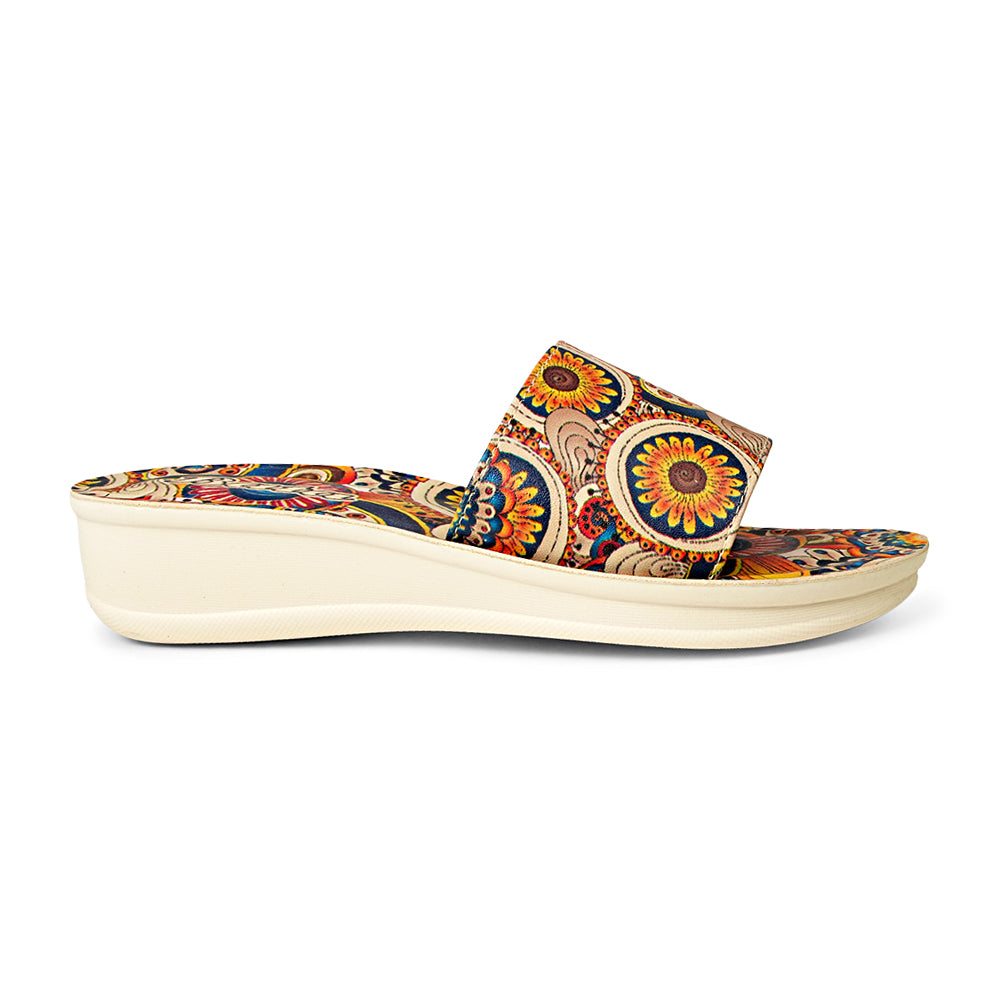 Bata Valentino 6718022 Women's Beige Printed Wedge Slides