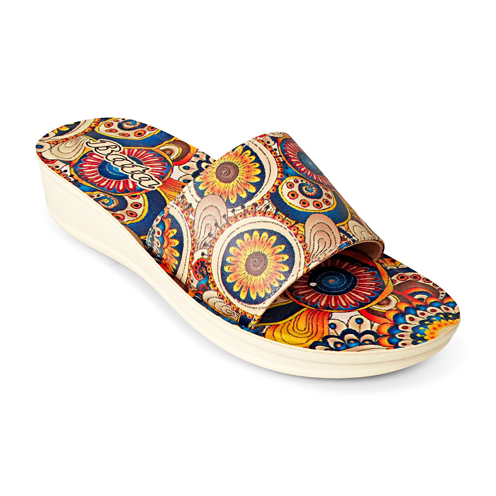 Bata Valentino 6718022 beige sandal, angled view showing printed front strap and footbed