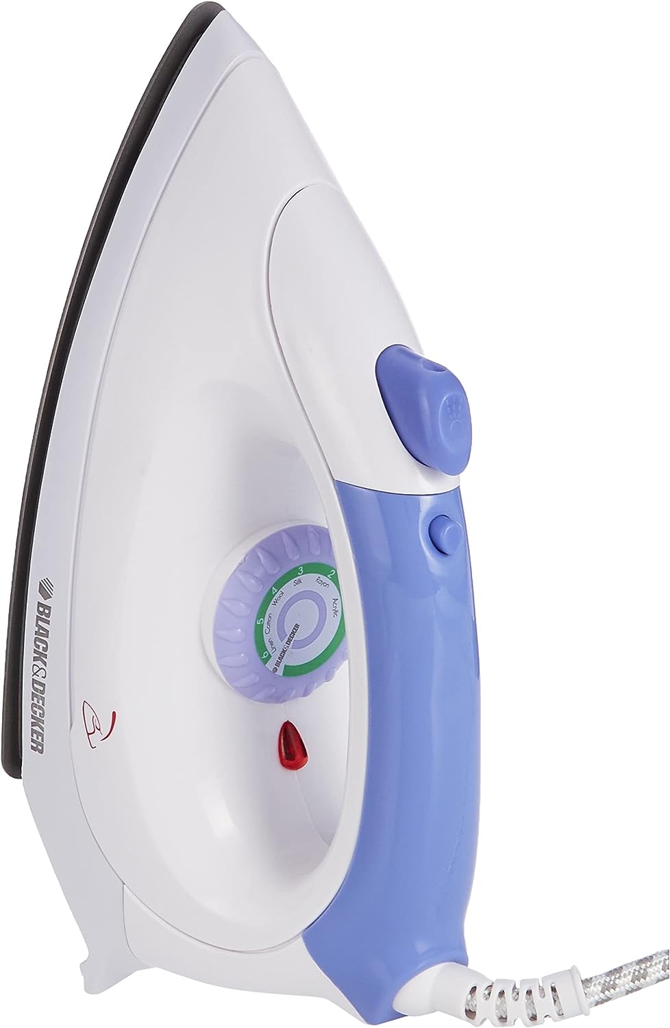 BLACK+DECKER F150-B5 white and blue dry iron standing on its heel