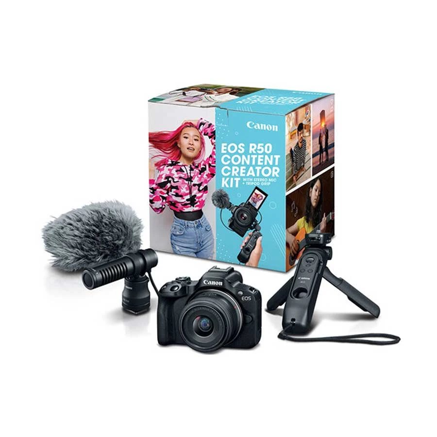 Canon Content Creator Kit EOS R50 Mirrorless Camera Body with RF-S18-45mm F4.5-6.3 IS STM Lens, Stereo Microphone DM-E100 & Tripod Grip HG-100TBR () (No Warranty)