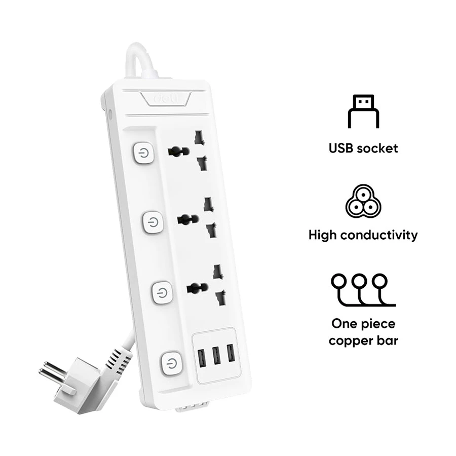 Deli 2 Pin 3 Port Power Strip # ET410, (3 x USB) (2 Meter)