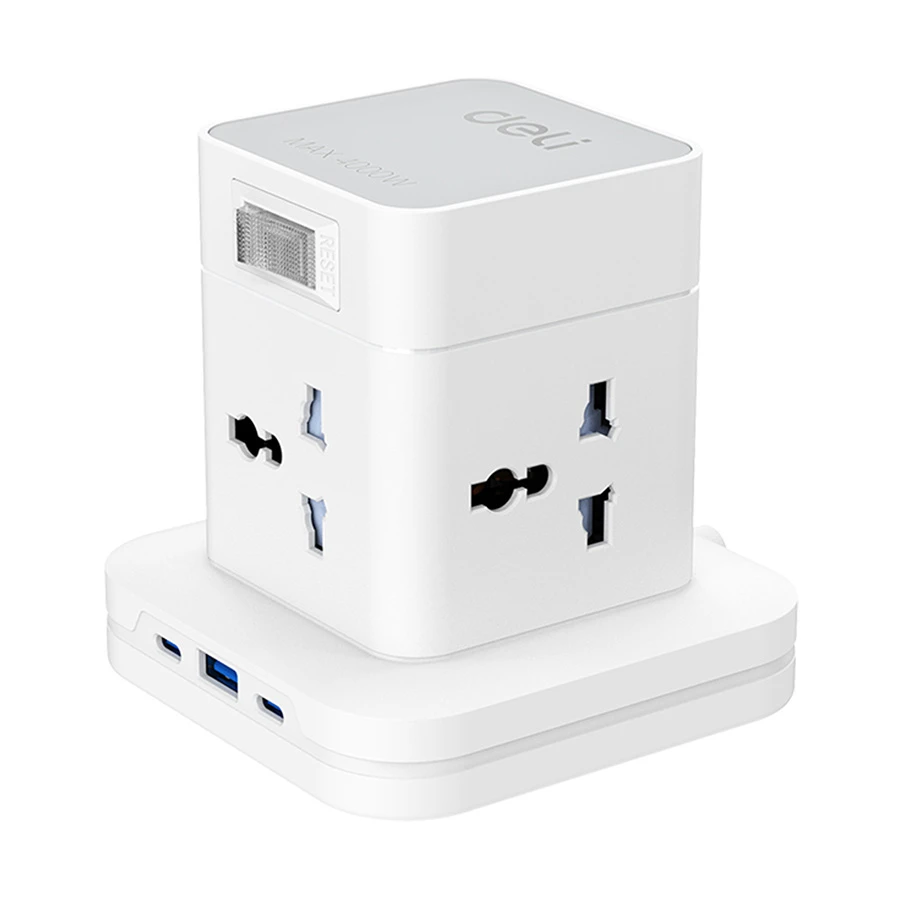 Deli 2 Pin 4 Port Standing Power Strip #ET762, (1x USB, 2x USB-C) (1.6 Meter)