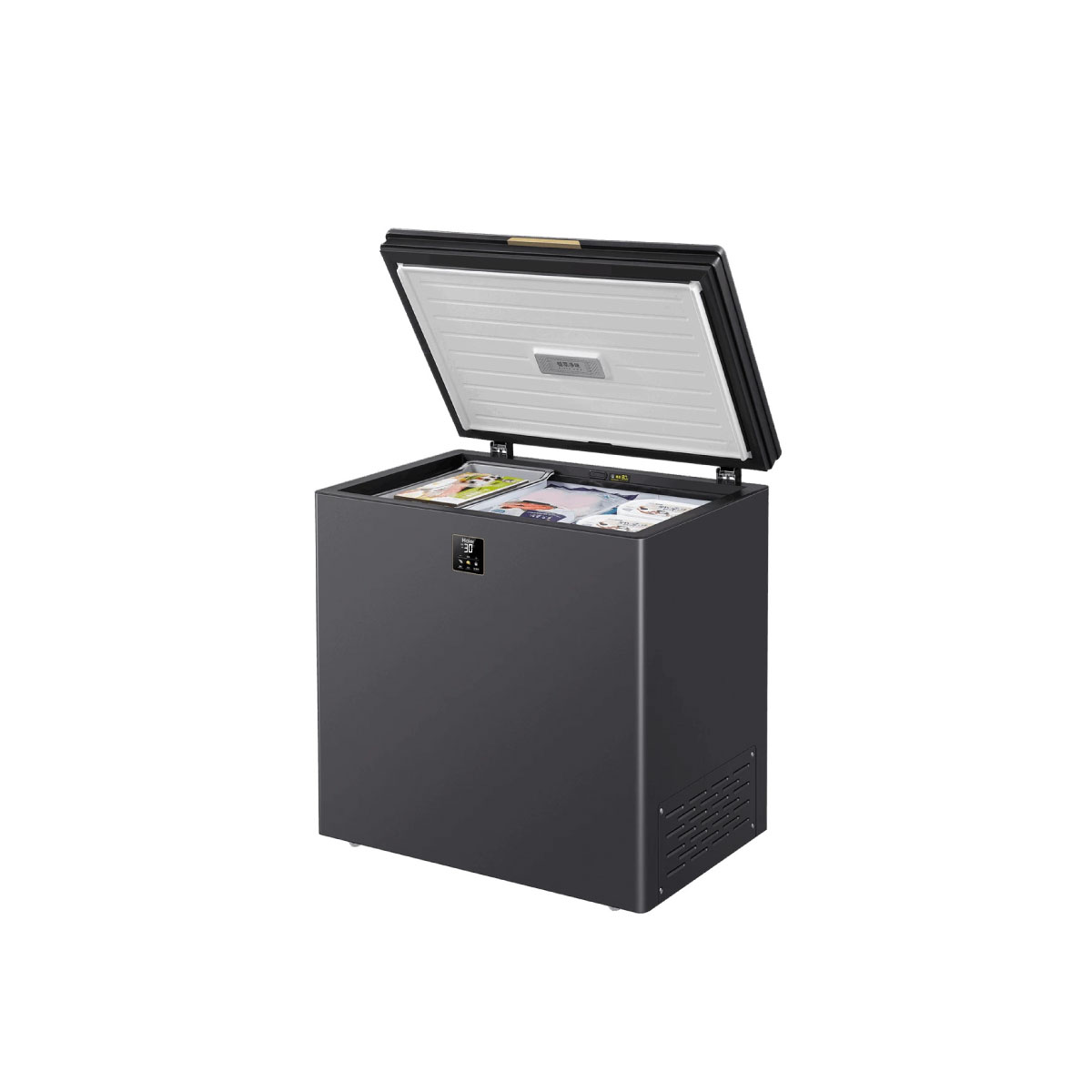 Haier HCF-230SGE chest freezer, right-side view with lid open