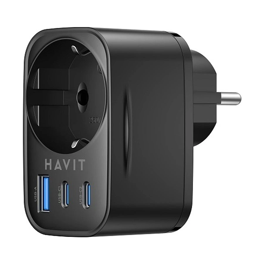 Havit UC142 GaN USB, Dual USB-C & AC Outlet 30W 4 In 1 Travel Charger / Charging Adapter With Plug Adapter