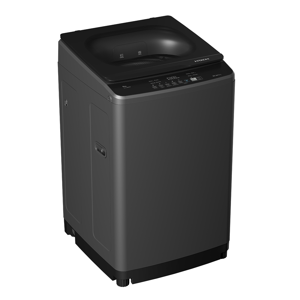 Hitachi LTL 08M00 GG top load washer, angled view with lid closed