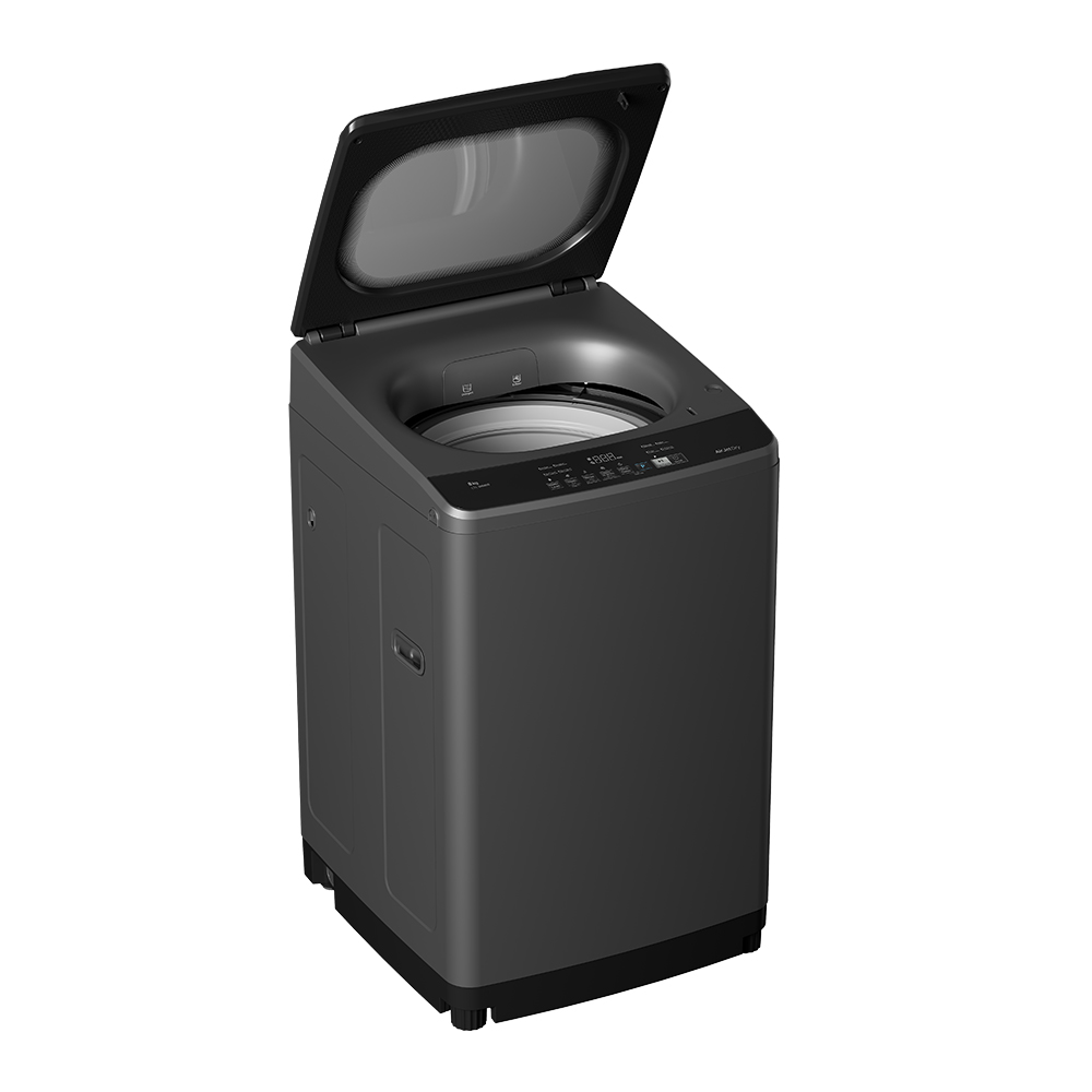 Hitachi LTL 08M00 GG top load washer, angled view with lid open