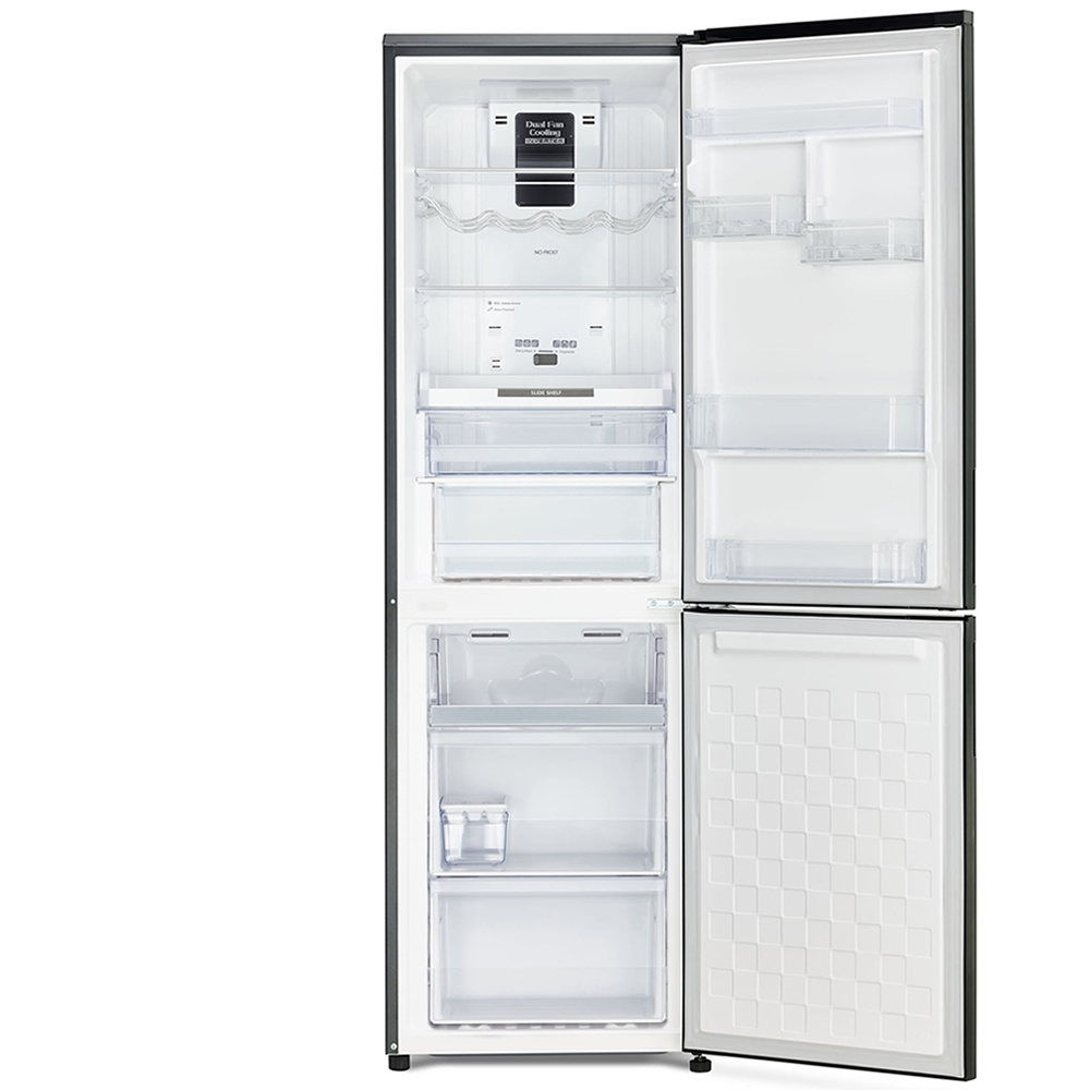 Hitachi R-BG410P6PBX refrigerator with both doors open and empty compartments