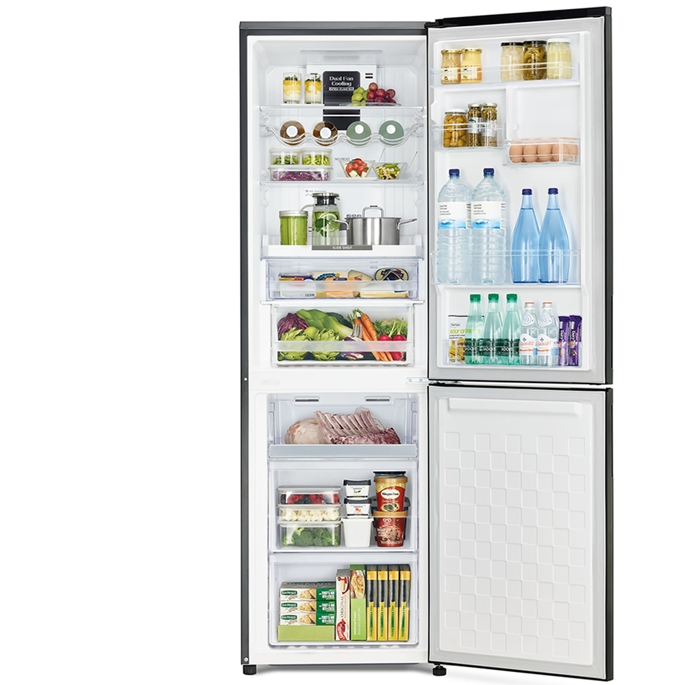Hitachi R-BG410P6PBX refrigerator with both doors open and example groceries