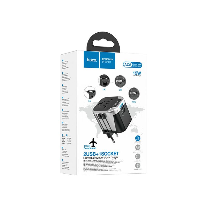 Hoco AC5 2 USB+1 Socket Universal Conversion Charger - official view 4