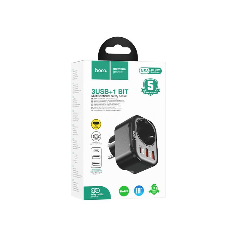 Hoco NS3 3 USB + 1 Bit Multifunctional Safety Socket 4000W - official view 3