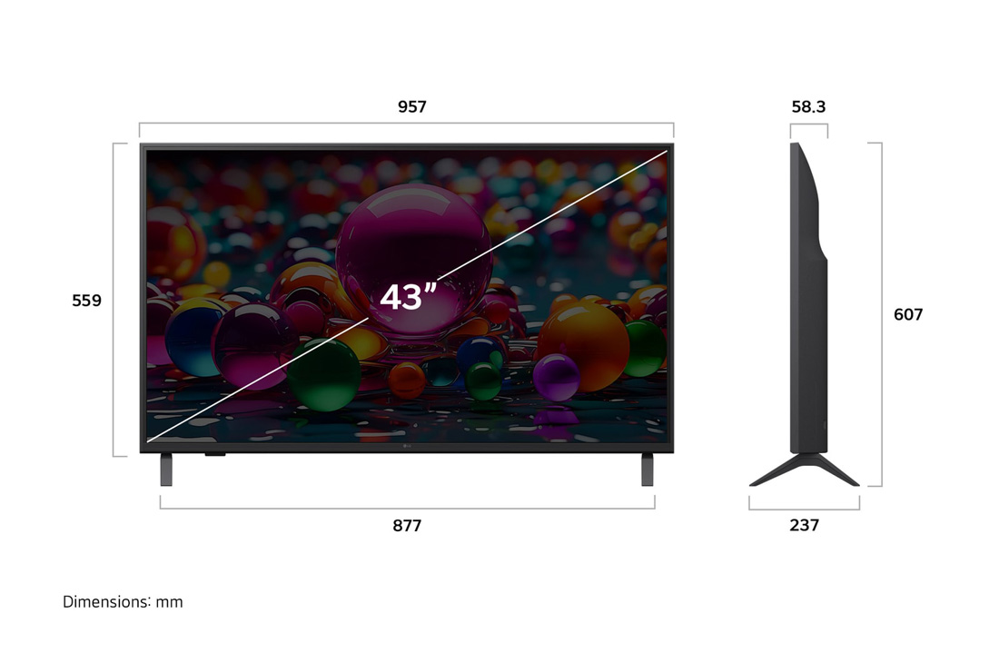 LG 43UA8450PSA exact 43-inch dimension view: 957 mm wide, 559 mm high, 58.3 mm deep without stand; 607 mm high with stand