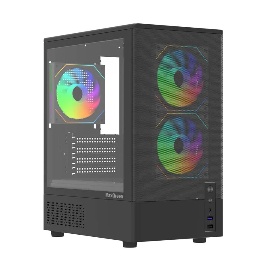 MaxGreen 310 Infinity Tempered Glass mATX Mid Tower Gaming Desktop Casing with PSU and 3 ARGB Fans