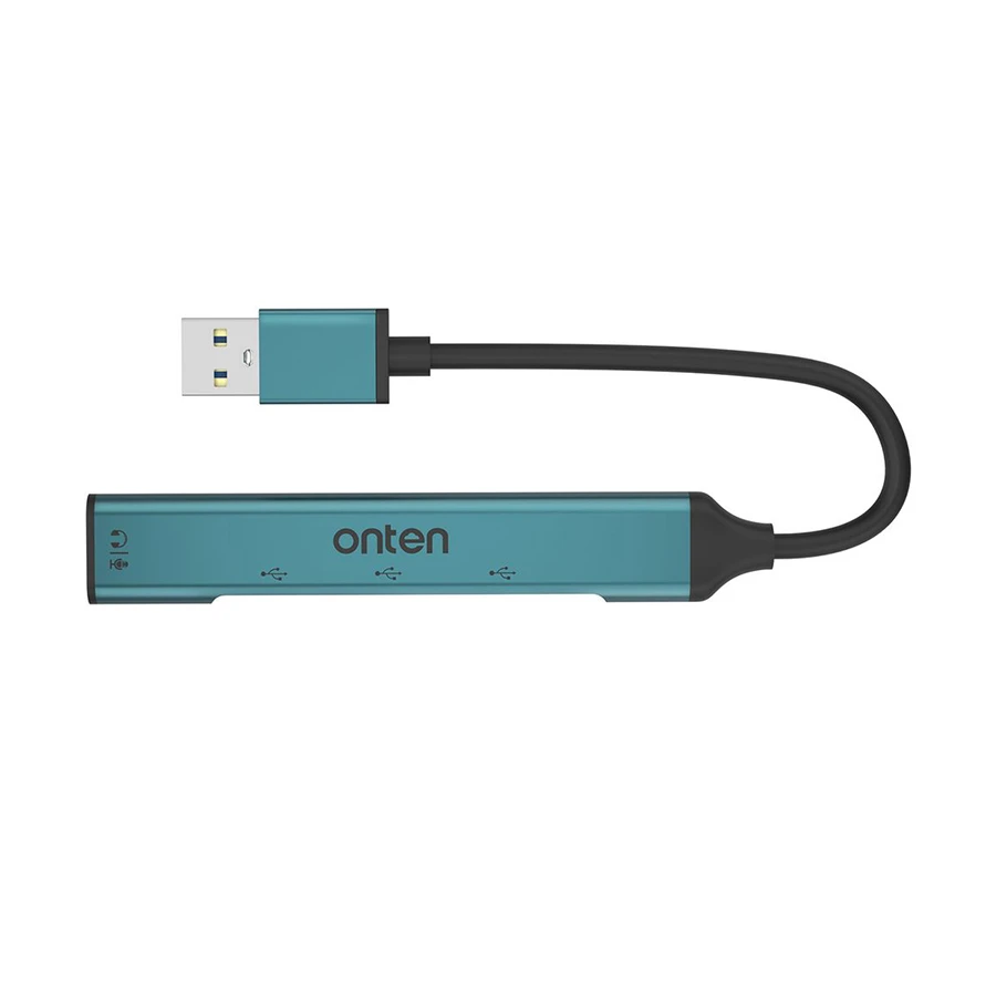 Onten OTN-5706 USB Male to Tri USB & 3.5mm Audio Female Crystal Teal Converter #OTN-5706