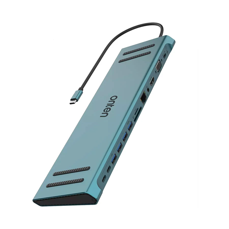 Onten OTN-9199A USB-C Male to Quad USB, HDMI, VGA, Dual USB-C, PD 3.0 Type-C, SD, TF, 3.5mm & 100Mbps Ethernet Female Crystal Teal USB HUB #OTN-9199A