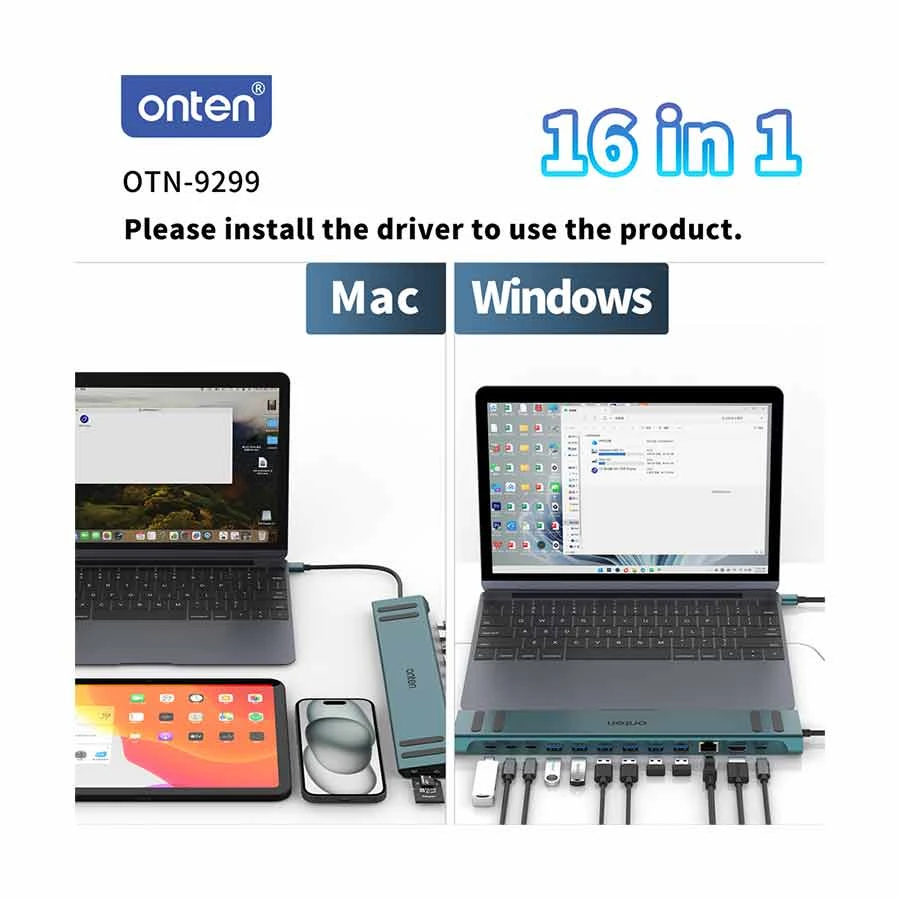Onten OTN-9299 USB Male to 6 USB 3.0 & 2.0, HDMI, Quad USB-C, SD, TF, 3.5mm & 1000Mbps Ethernet Female Crystal Teal USB HUB #OTN-9299 product view
