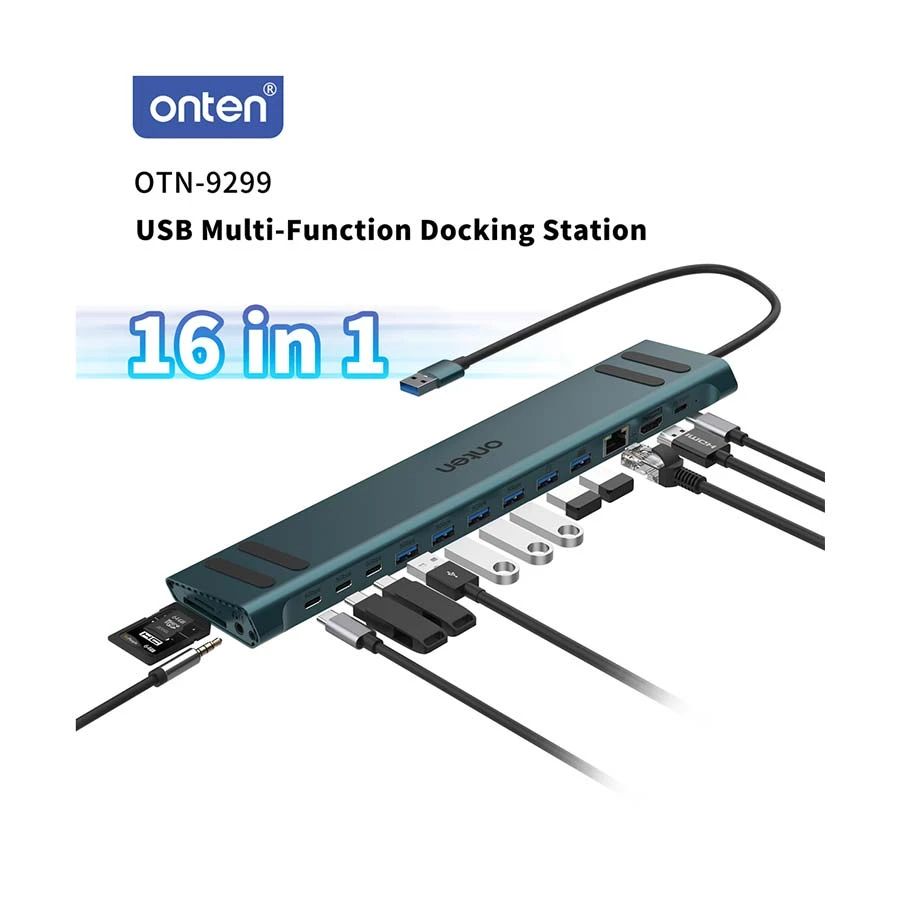 Onten OTN-9299 USB Male to 6 USB 3.0 & 2.0, HDMI, Quad USB-C, SD, TF, 3.5mm & 1000Mbps Ethernet Female Crystal Teal USB HUB #OTN-9299 product view