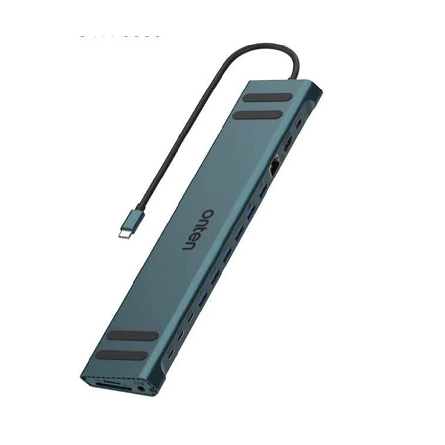 Onten OTN-9399 USB Type-C Male to 6 USB 3.0 & 2.0, HDMI, Quad USB-C, SD, TF, 3.5mm & 1000Mbps Ethernet Female Crystal Teal USB HUB with M.2 SSD Enclosure #OTN-9399