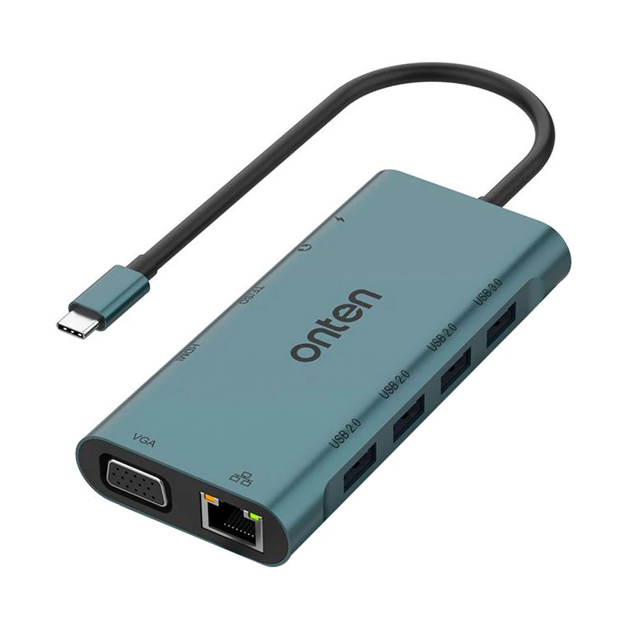 Onten OTN-9591A USB-C Male to Quad USB, USB-C, HDMI, VGA, Lan, SD, TF, 3.5mm Female Multiport Converter #OTN-9591A