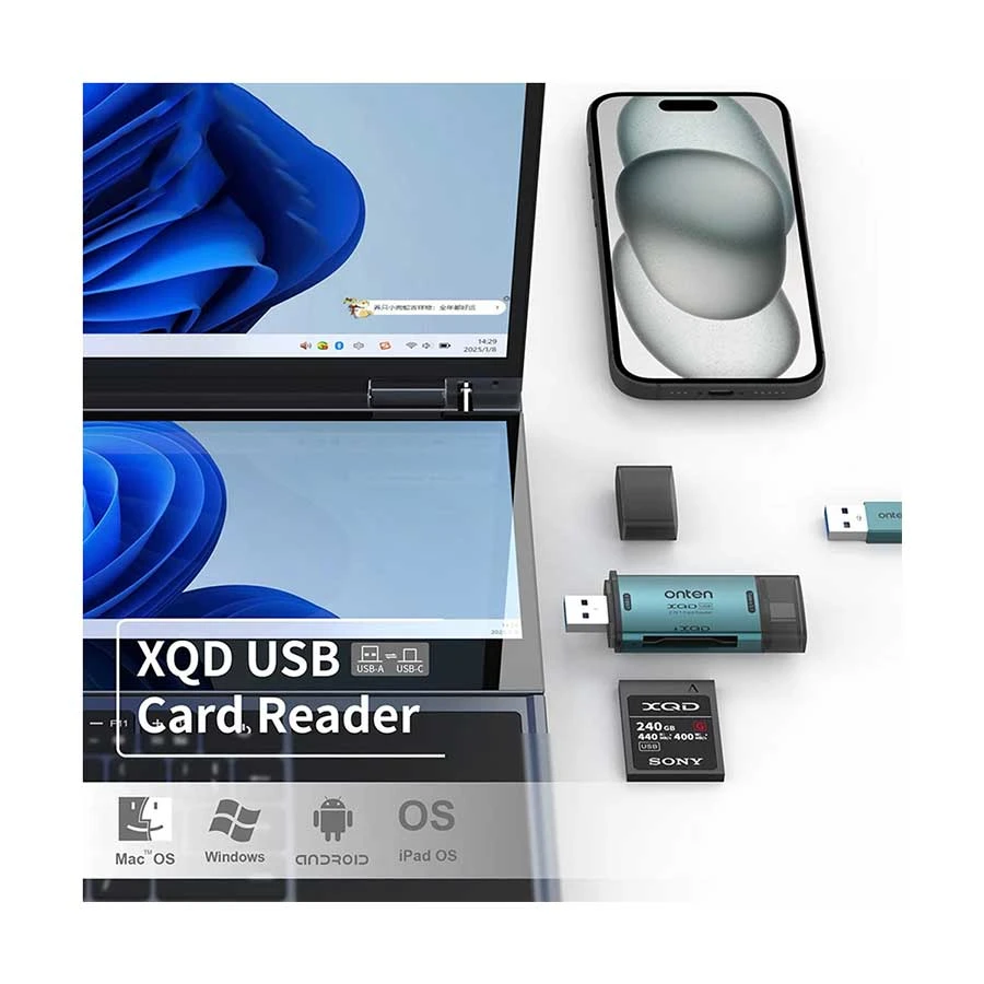 Onten OTN-CR635 USB Type-C & USB Male to XQD Crystal Teal Card Reader #OTN-CR635 product view