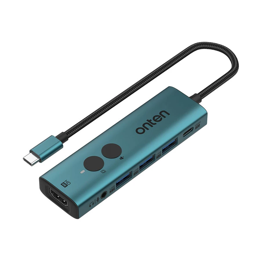 Onten OTN-UC123+ USB Type-C Male to HDMI, Tri USB, Type-C & 3.5mm Audio Female Crystal Teal Converter #OTN-UC123+