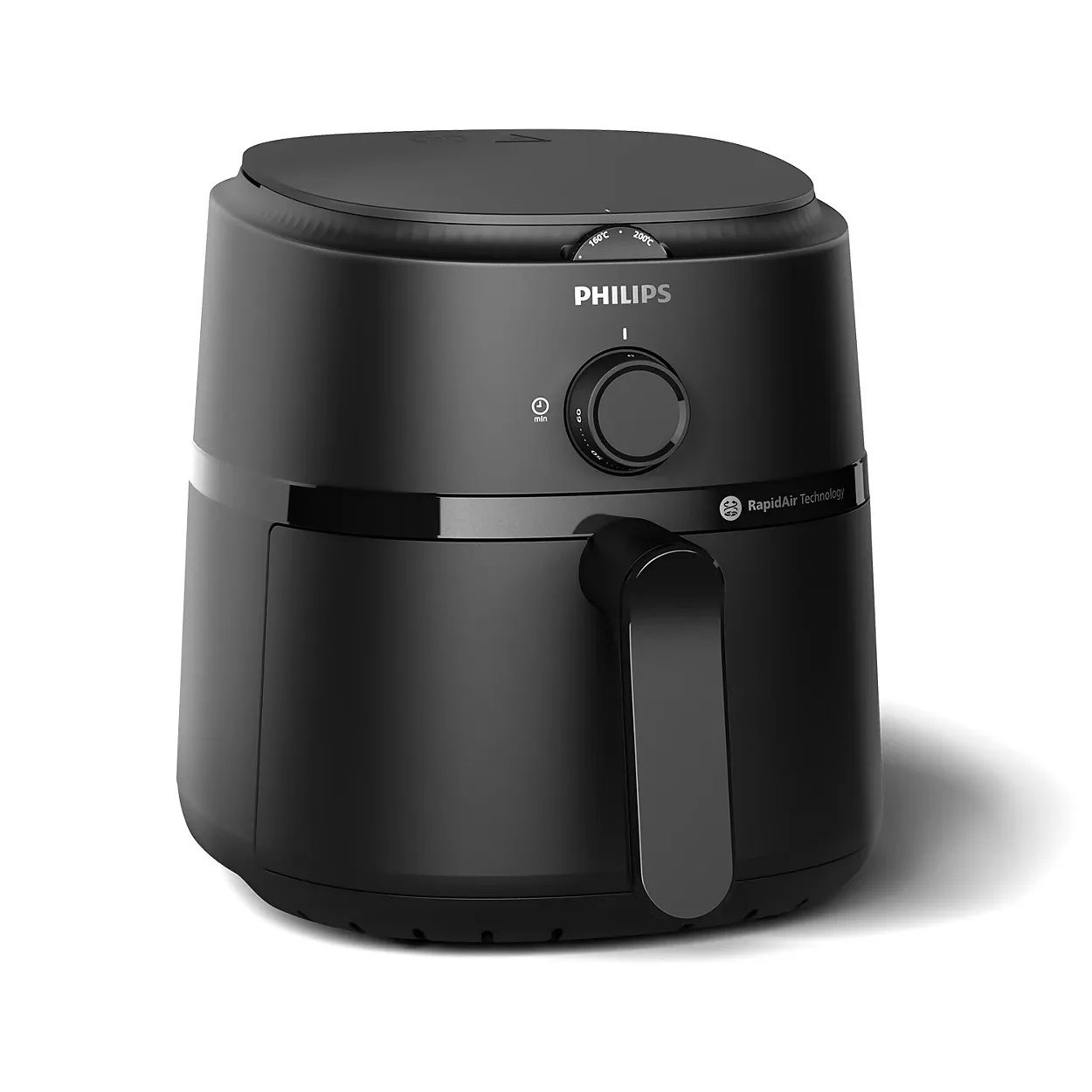 Philips NA110/09 black air fryer with analogue controls, angled front view