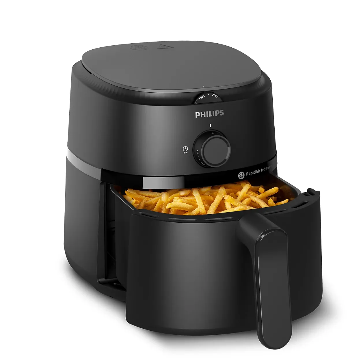 Philips NA110/09 air fryer with cooking drawer open and food shown