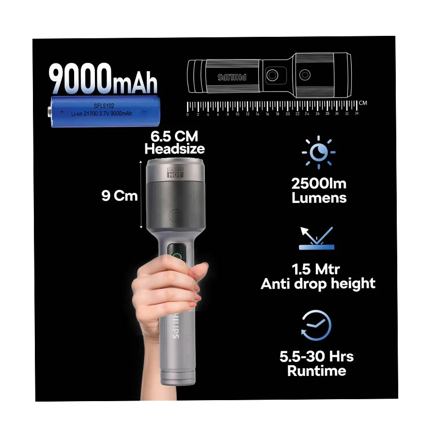 Philips SFL5102 and Gray 3000 Lumens Rechargeable Torch Light product view