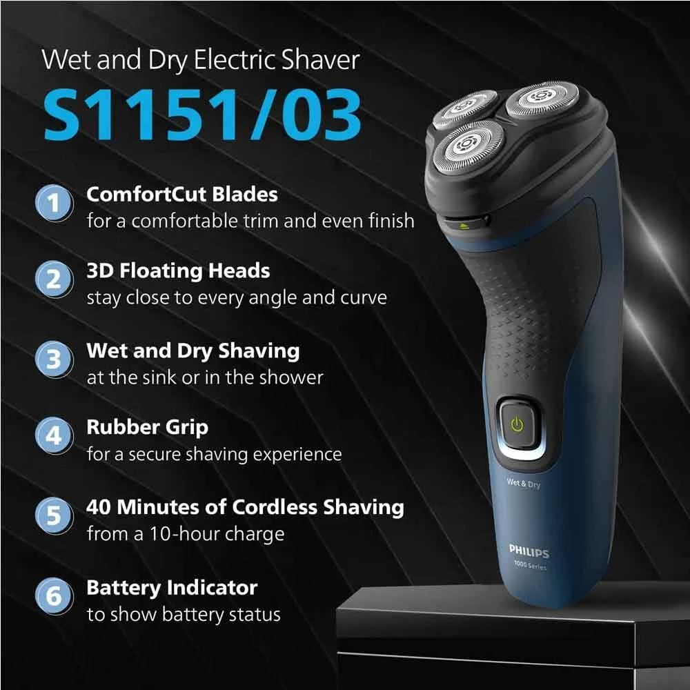 Philips Shaver 1000 Series S1151 Cordless Malibu Wet & Dry Shaver product view