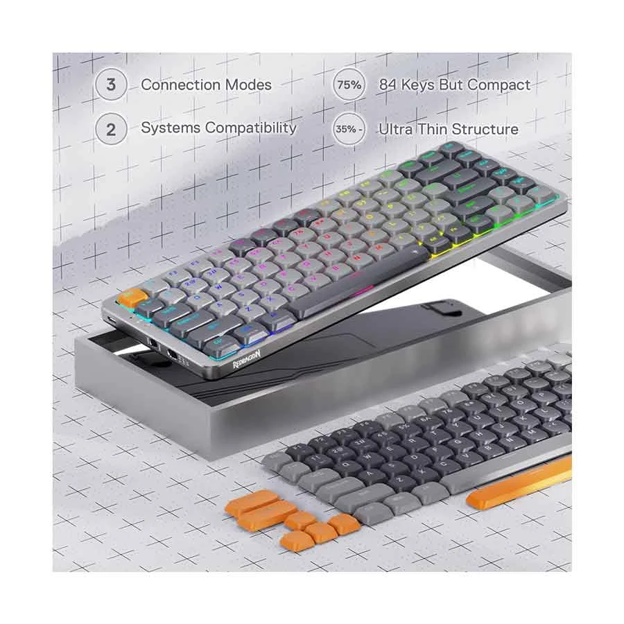 Redragon K652 Azure RGB (Huano Low Profile Switch) Bluetooth (tri Mode) White & Gray Mechanical Gaming Keyboard product view
