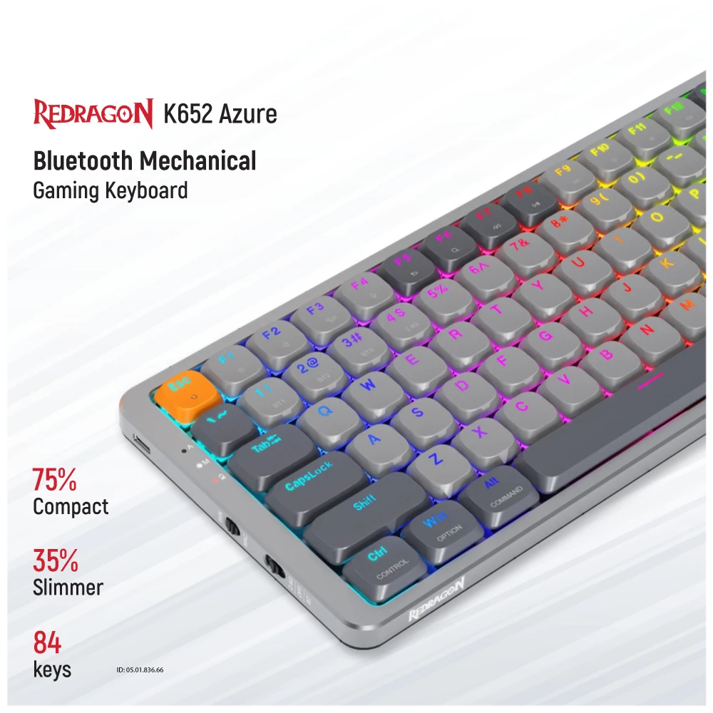 Redragon K652 Azure RGB (Huano Low Profile Switch) Bluetooth (tri Mode) White & Gray Mechanical Gaming Keyboard product view