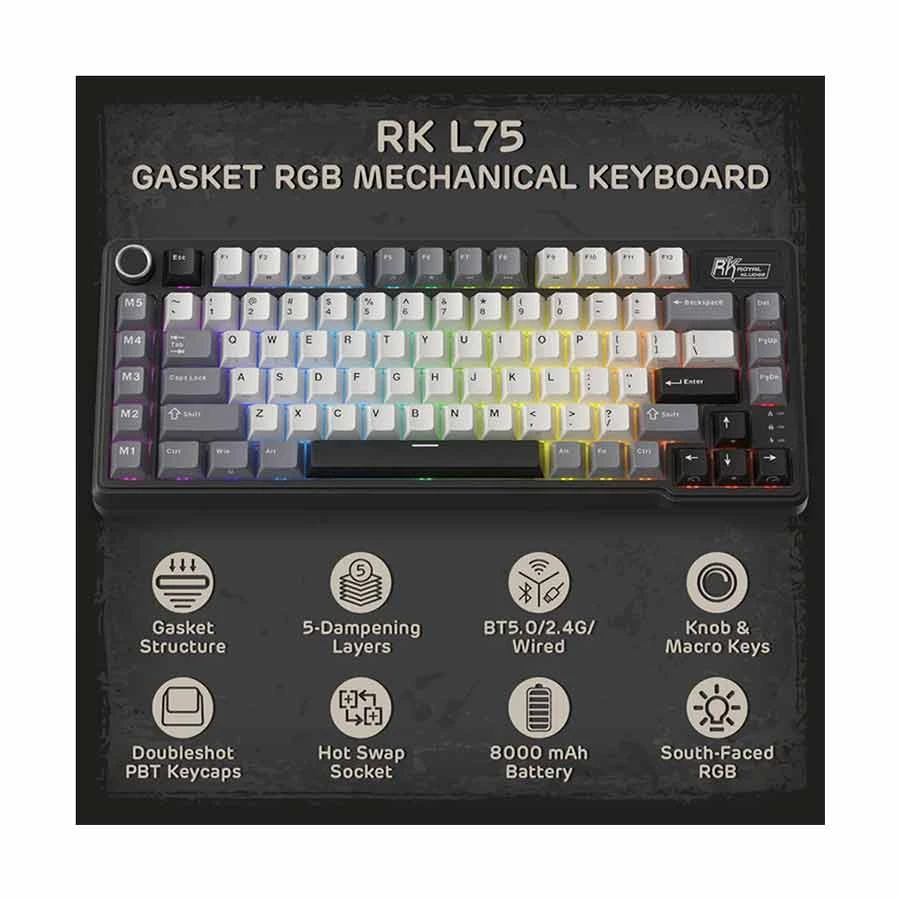 Royal Kludge L75 RGB Tri Mode Hot Swap (Cream Switch) Knight Mechanical Gaming Keyboard #RK L75 product view
