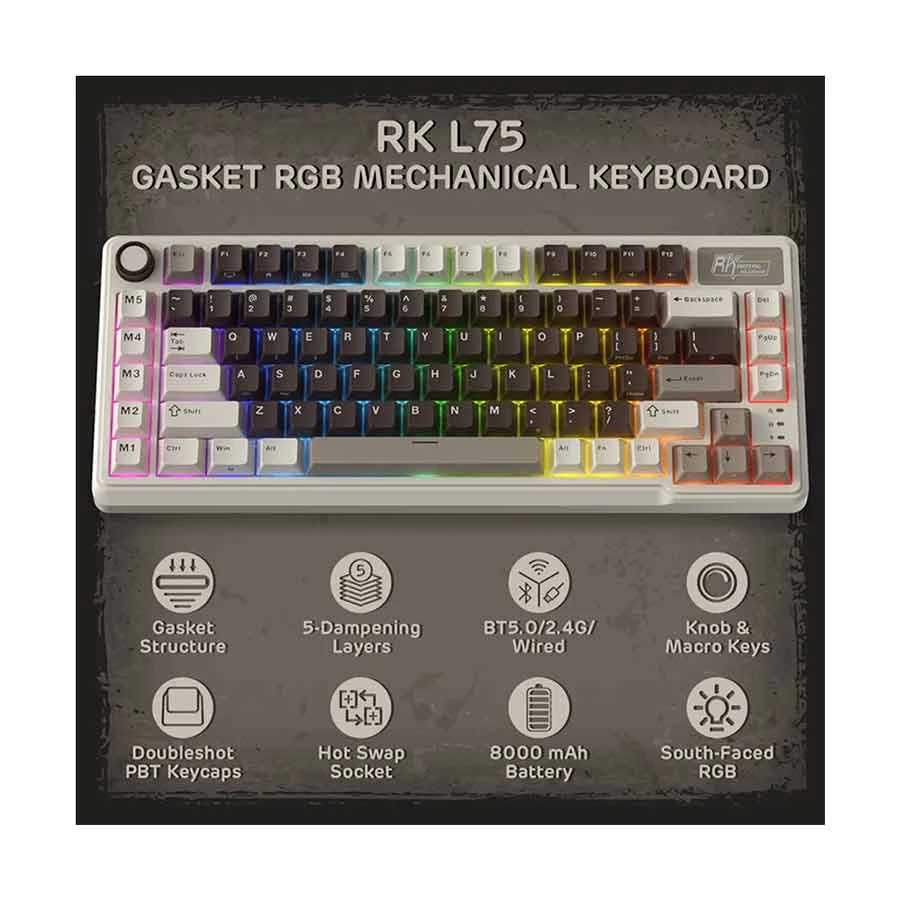 Royal Kludge L75 RGB Tri Mode Hot Swap (Cream Switch) Palm Mechanical Gaming Keyboard #RK L75 product view