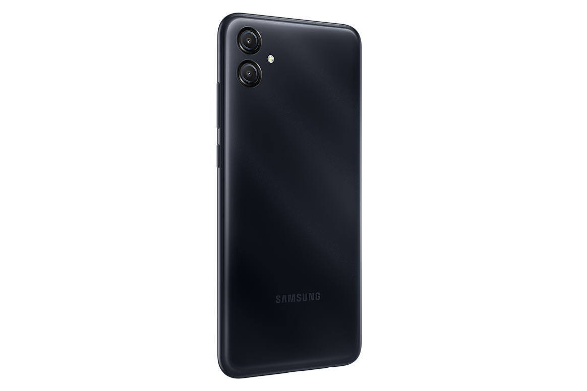 Samsung Galaxy A04e Black, rear view showing left edge