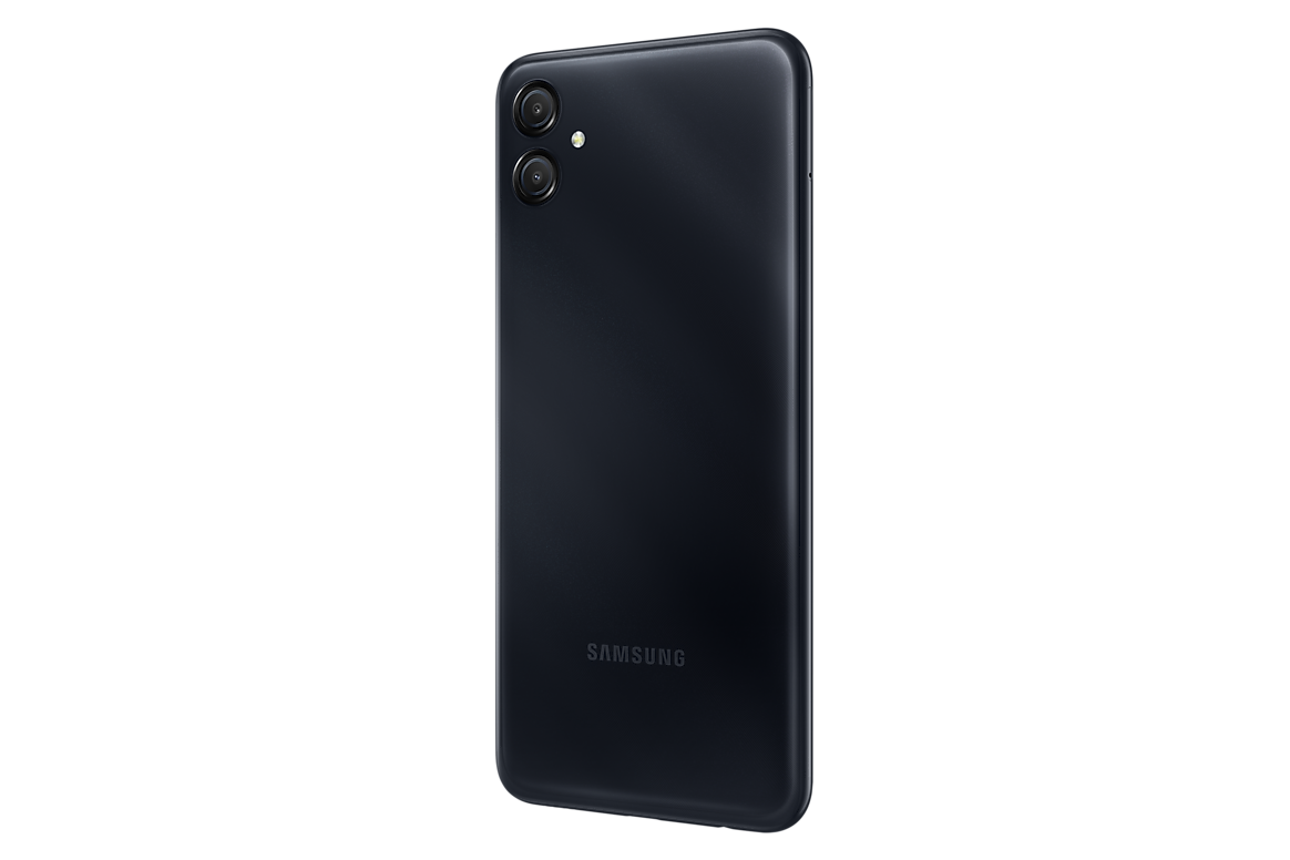 Samsung Galaxy A04e Black, rear view showing right edge