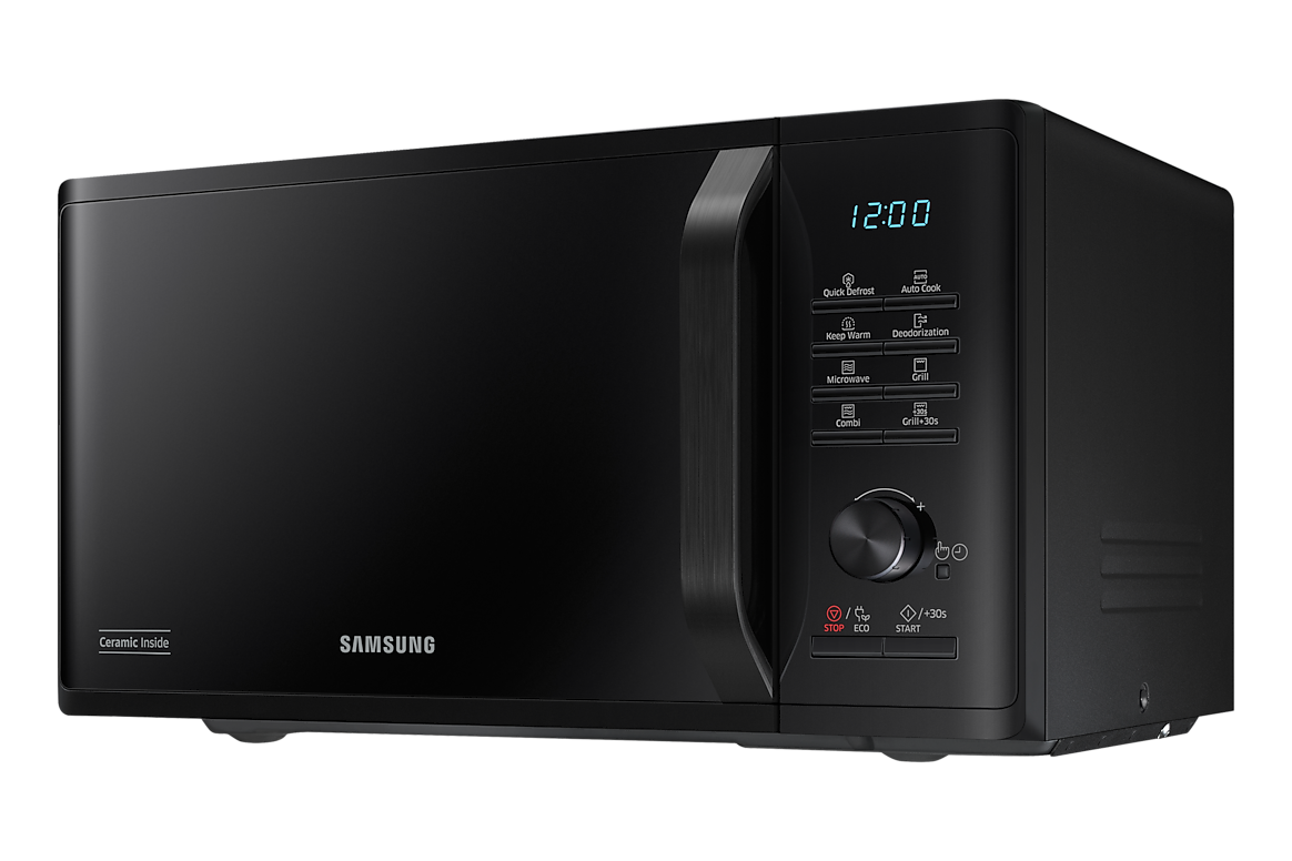 Samsung MG23K3515AK/D2 black grill microwave, angled view showing right side