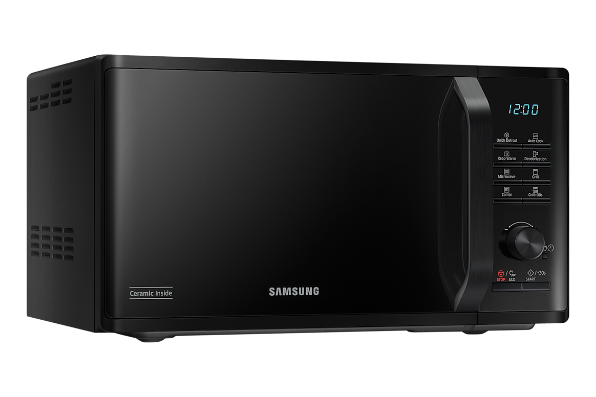 Samsung MG23K3515AK/D2 black grill microwave, angled view showing left side