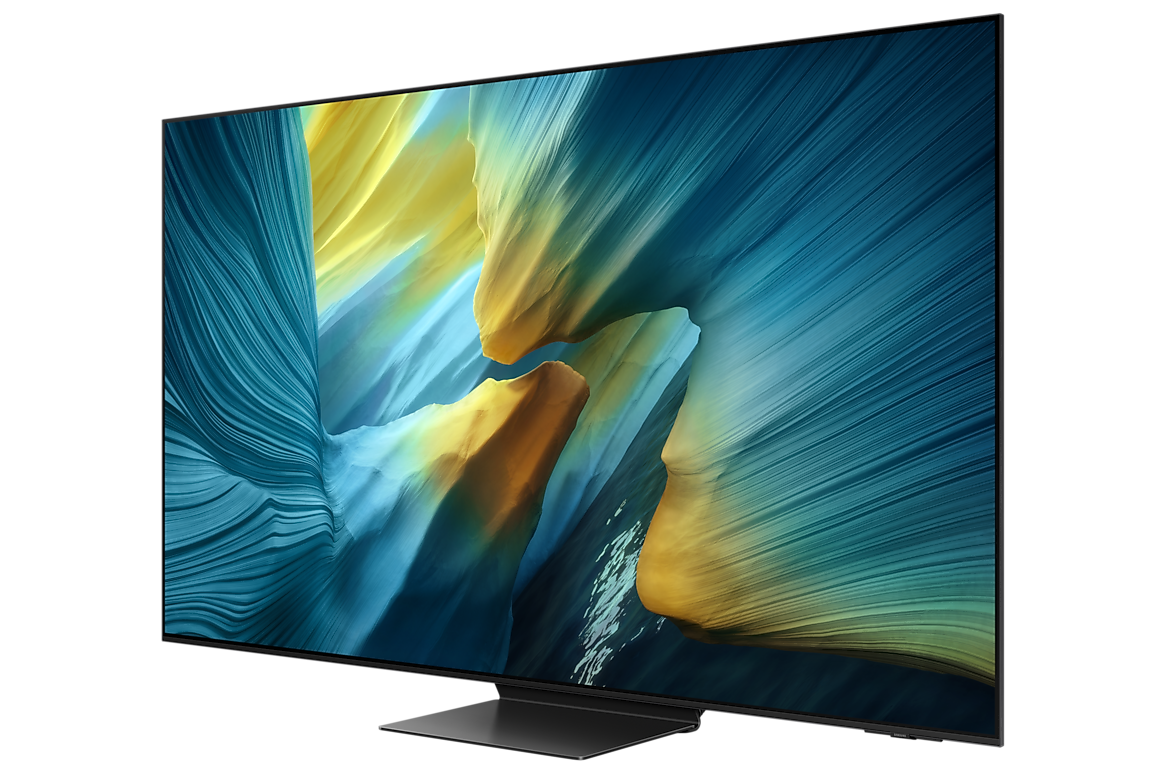 Samsung S95F OLED 4K TV, right perspective (official 77-inch S95F family image; size variant noted)