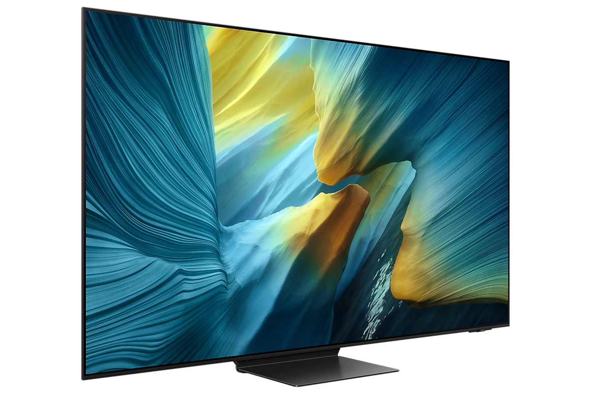 Samsung S95F OLED 4K TV, left perspective (official 77-inch S95F family image; size variant noted)