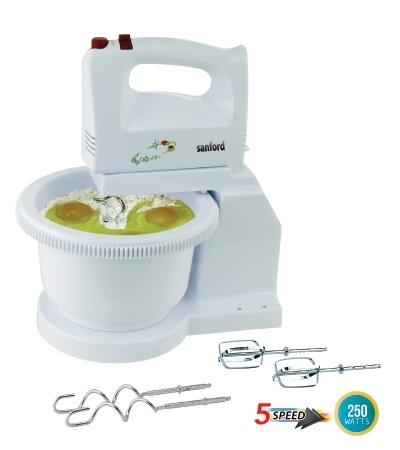 Sanford SF1356SM white mixer with red controls, bowl and attachments